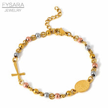 Load image into Gallery viewer, FYSARA Trendy Beaded Rosary Cross Pendant Bracelet For Women Men Jewelry Stainless Steel Bangles Gold Christian Religious Jewel
