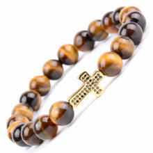 Load image into Gallery viewer, Natural Stone Bracelet Men Tiger eye Beads Cz Cross Charm Bracelets &amp; Bangles For Women Christian Handmade Jewelry Wholesale
