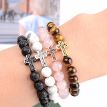 Load image into Gallery viewer, Natural Stone Bracelet Men Tiger eye Beads Cz Cross Charm Bracelets &amp; Bangles For Women Christian Handmade Jewelry Wholesale
