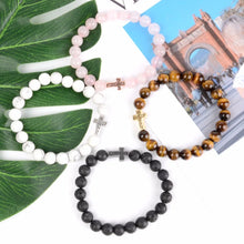 Load image into Gallery viewer, Natural Stone Bracelet Men Tiger eye Beads Cz Cross Charm Bracelets &amp; Bangles For Women Christian Handmade Jewelry Wholesale
