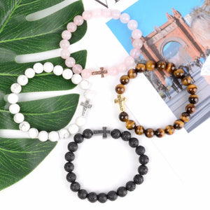 Natural Stone Bracelet Men Tiger eye Beads Cz Cross Charm Bracelets & Bangles For Women Christian Handmade Jewelry Wholesale