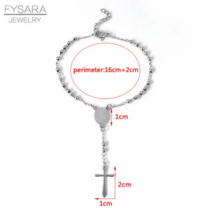 FYSARA Trendy Beaded Rosary Cross Pendant Bracelet For Women Men Jewelry Stainless Steel Bangles Gold Christian Religious Jewel