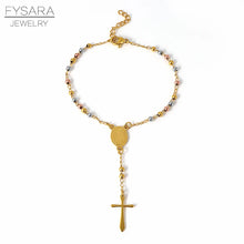 Load image into Gallery viewer, FYSARA Trendy Beaded Rosary Cross Pendant Bracelet For Women Men Jewelry Stainless Steel Bangles Gold Christian Religious Jewel
