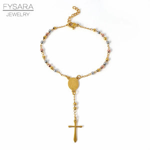 FYSARA Trendy Beaded Rosary Cross Pendant Bracelet For Women Men Jewelry Stainless Steel Bangles Gold Christian Religious Jewel